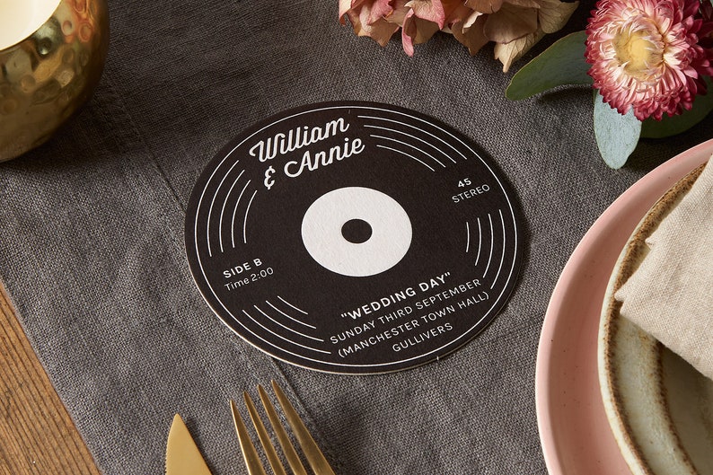 Personalised Vinyl Inspired Wedding Day Beermat / Coaster. This cost is for a Sample beermat. Please see description for costs. image 2