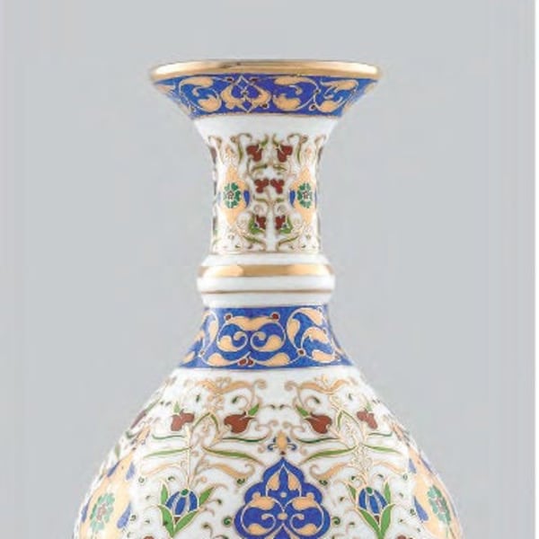 Vintage Porcelain Vase Handpainted Hand Decorated Turkish Porcelain Gold Blue Antique 11 inch Vase Handmade Gift