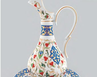 Vintage Porcelain Pitcher Handpainted Hand decorated Turkish Porcelain Gold Blue Antique Premiun Gift