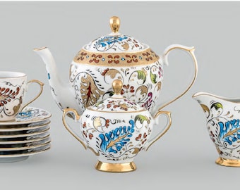 Vintage Porcelain Tea Coffee Set 17 pcs Handpainted Hand Decorated Turkish Porcelain Blue Gold Antique Handmade Tea Set w/ Teapot Creamer