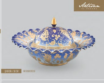 Vintage Porcelain Candy Bowl with Lid Handpainted Hand Decorated Turkish Porcelain Bowl Gold Blue Antique Premium Gift