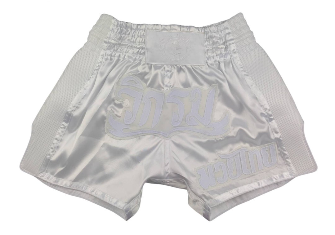 Satin Muay Thai Boxing Shorts All White Wik-rom Brand 5% of Price is ...