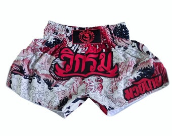 Limited Muay thai boxing shorts japan red wave Wik-Rom brand  (5% of price is for charity & solidarity ) from Thailand