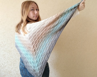 Crochet large shawl Blue handknit wrap ombre triangle knit handmade scarf