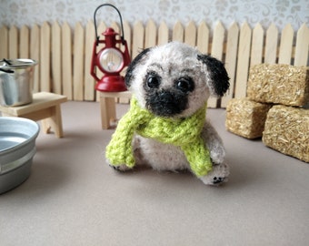 Miniature pug crochet mini dog dollhouse pet gift for doll collectible toy tiny pappy