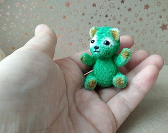 Miniature teddy bear green crochet tiny bear for gift dollhouse toy for doll collectible interior animal