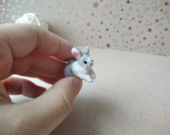 Miniature Crochet Gray Rabbit mini amigurumi bunny Dollhouse Pet handmade animal Toy