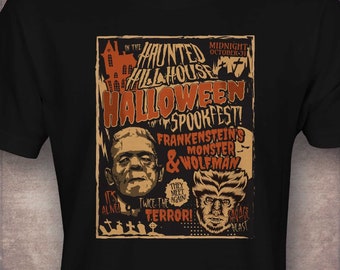 Frankensteins Monster Meets Wolfman Shirt, Camiseta Unisex para los amantes de Halloween Vintage, Camisa de Terror para Halloween