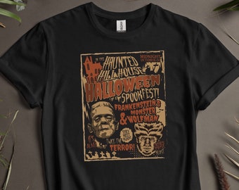 Halloween Shirt Frankenstein T Shirt Frankensteins Monster Meets Wolfman Shirt Haunted House T-Shirt for Vintage Halloween Lovers