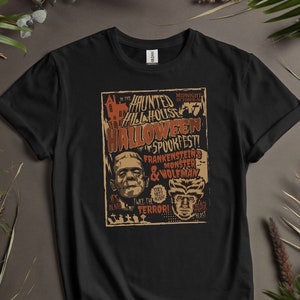 Halloween Shirt Frankenstein T Shirt Frankensteins Monster Meets Wolfman Shirt Haunted House T-Shirt for Vintage Halloween Lovers