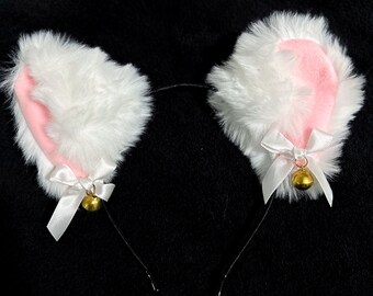 INSTOCK faux fur White Cat Ears with bells & ribbon | Cat ears on headband | Cosplay ears | Furry Ears | Furrie | cat ears | Cosplay