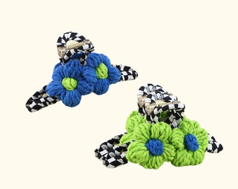 Knitted Flower Neon Green Blue Checkered Jumbo Hair Claw Claw Clip | Flower Hair Clip | Hair Claw | Claw Clip | Knitted Flower