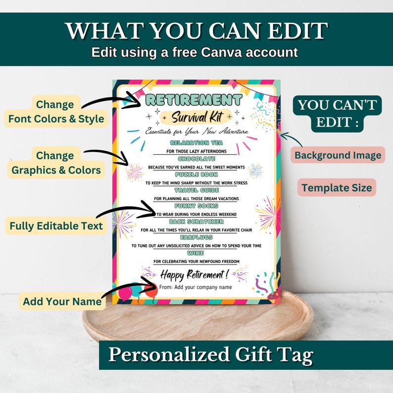 Editable Retirement Survival Kit Printable Gift Tag Treat Bag Staff ...