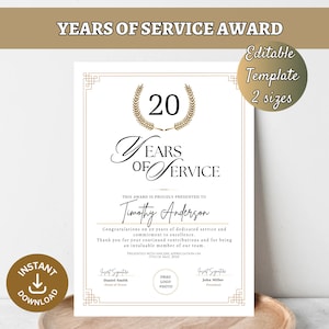 May include: A gold and white certificate with a gold laurel wreath and the text "20 Years of Service" and "Timothy Anderson". The certificate is for an award presented to someone for their years of service. The certificate has a place to add a photo and signatures.