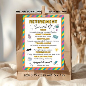 Editable Retirement Survival Kit Printable Gift Tag Treat Bag Staff Appreciation Funny Gifts Retirement Kit Gifts Employee Appreciation Sign