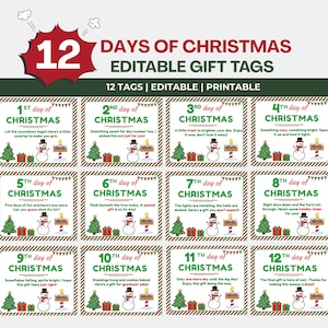Puede incluir: Un conjunto de 12 etiquetas de regalo editables e imprimibles tituladas 12 DAYS OF CHRISTMAS. Cada etiqueta muestra un número de día, un mensaje festivo, un árbol de Navidad verde, regalos rojos y verdes, un muñeco de nieve y un letrero.