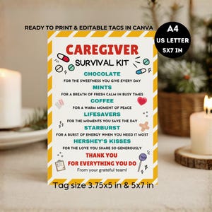 Pode incluir: Uma etiqueta imprimível do Kit de Sobrevivência para Cuidadores com uma borda listrada amarela e branca. A etiqueta inclui uma lista de itens como chocolate, balas de menta, café e Lifesavers, com texto de acompanhamento. Disponível em A4 e US Letter, 12,7 x 17,8 cm.