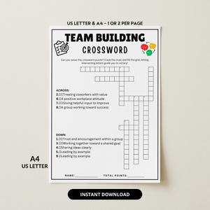 Op de afbeelding: Een witte, afdrukbare kruiswoordpuzzel met de titel "Team Building Crossword". De puzzel bevat aanwijzingen voor teambuildingactiviteiten en is ontworpen voor de papierformaten US Letter en A4. Het woord "Instant Download" staat onderaan.
