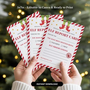 May include: Three 13x18 cm printable Elf Report Cards with red and white candy cane striped borders. The cards feature green elf legs, red shoes, gold stars, and text reading Office of the North Pole, Elf Report Card, Issued To, Naughty, Nice, and Elf Observations.