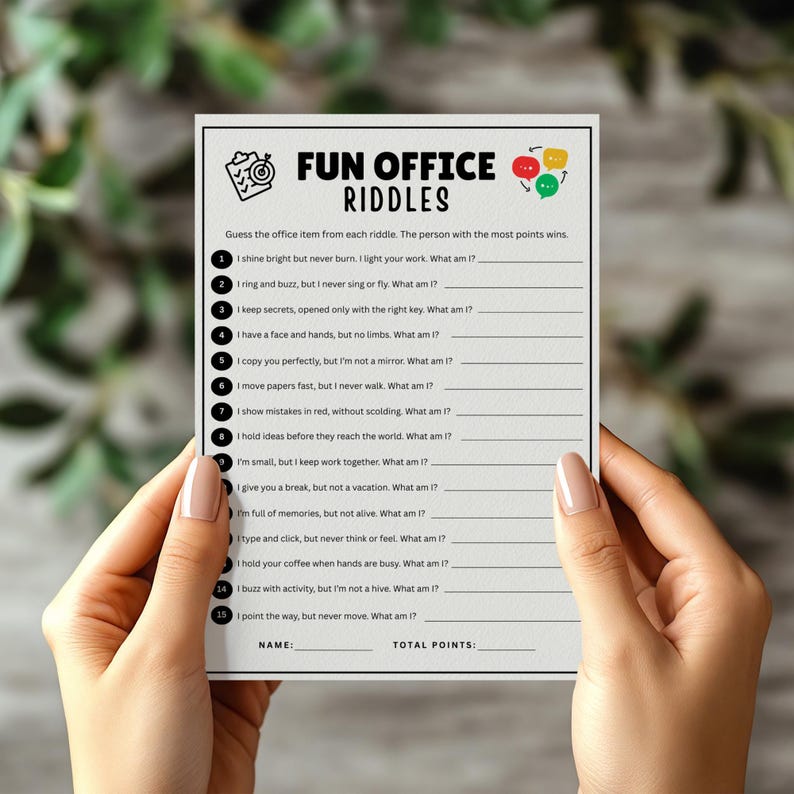 May include: A white paper with the title "FUN OFFICE RIDDLES" and a list of riddles. The paper is held by two hands with manicured nails. The top right corner has colorful speech bubbles.