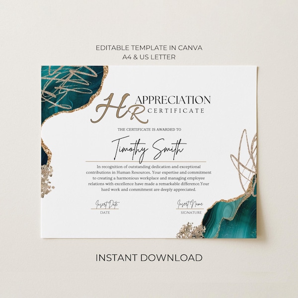HR Appreciation Award Certificate Template Hr Manager Gift Office Decor Human Resources Template HR Department Award Employee of the Month
