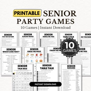 Puede incluir: Una colección de juegos de fiesta imprimibles para personas mayores que incluye diez hojas de actividades distintas. Los documentos incluyen títulos como Senior Fact or Fiction, Slogan Trivia, Riddle Me This, Table Talk, Which Came First, Guess the Price y Talk Dice.