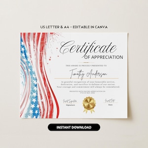 May include: A certificate of appreciation with an American flag design in red, white, and blue. The certificate includes the text "Certificate of Appreciation" and "Instant Download."