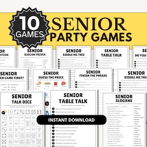Puede incluir: Una colección de 10 juegos de fiesta para personas mayores imprimibles en papel blanco con texto negro. Los títulos incluyen Senior Slogan Trivia, Riddle Me This, Table Talk, Which Came First, Guess the Price, Finish the Phrase, Talk Dice y Senior Slogans.