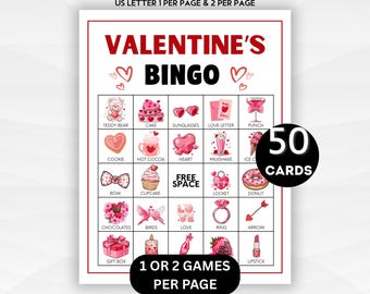 50 Valentine's Bingo Cards Printable Valentine Activity Work Valentines Party Bingo Game for Adults Valentine Fun Party Game Printable Bingo