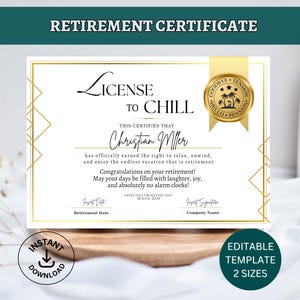 Licença para relaxar Certificado de aposentadoria engraçado Prêmio editável Presente de despedida de aposentadoria do professor para colega de trabalho que vai embora Imprimir anos de serviço
