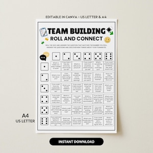 May include: A printable team-building game with the title "Team Building Roll and Connect." The game includes dice and questions to encourage interaction. The design is a white background with black text and colorful accents. The text "Instant Download" is at the bottom.
