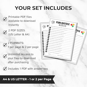 May include: A set of printable PDF files for office riddles. The image shows three sheets of paper with the title "FUN OFFICE RIDDLES" and a list of riddles. The text also mentions two PDF sizes, two formats, and an answer key.