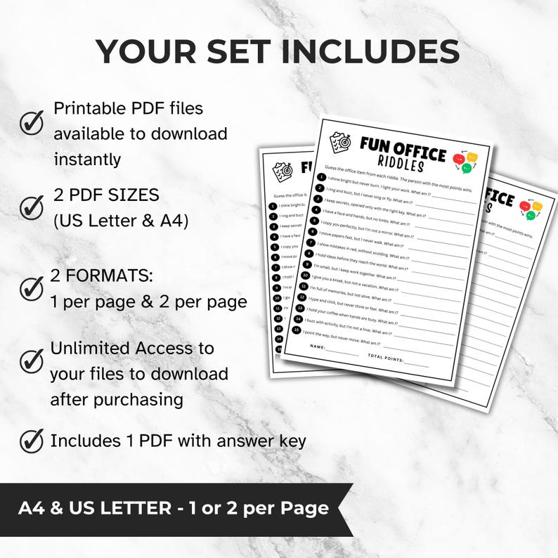 May include: A set of printable PDF files for office riddles. The image shows three sheets of paper with the title "FUN OFFICE RIDDLES" and a list of riddles. The text also mentions two PDF sizes, two formats, and an answer key.