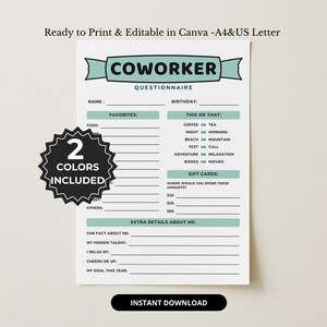 May include: A printable coworker questionnaire template featuring a light teal banner with the text COWORKER QUESTIONNAIRE. The form includes sections for favorites, this or that choices, gift card preferences, and extra details about me.