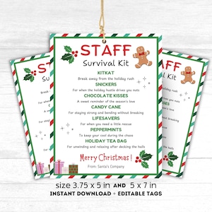 Personeel Survival Kit Tag voor Kerstmis Bewerkbaar in canva Personeel waardering candybar poster personeel cadeau-ideeën vakantie personeel waarderingstags