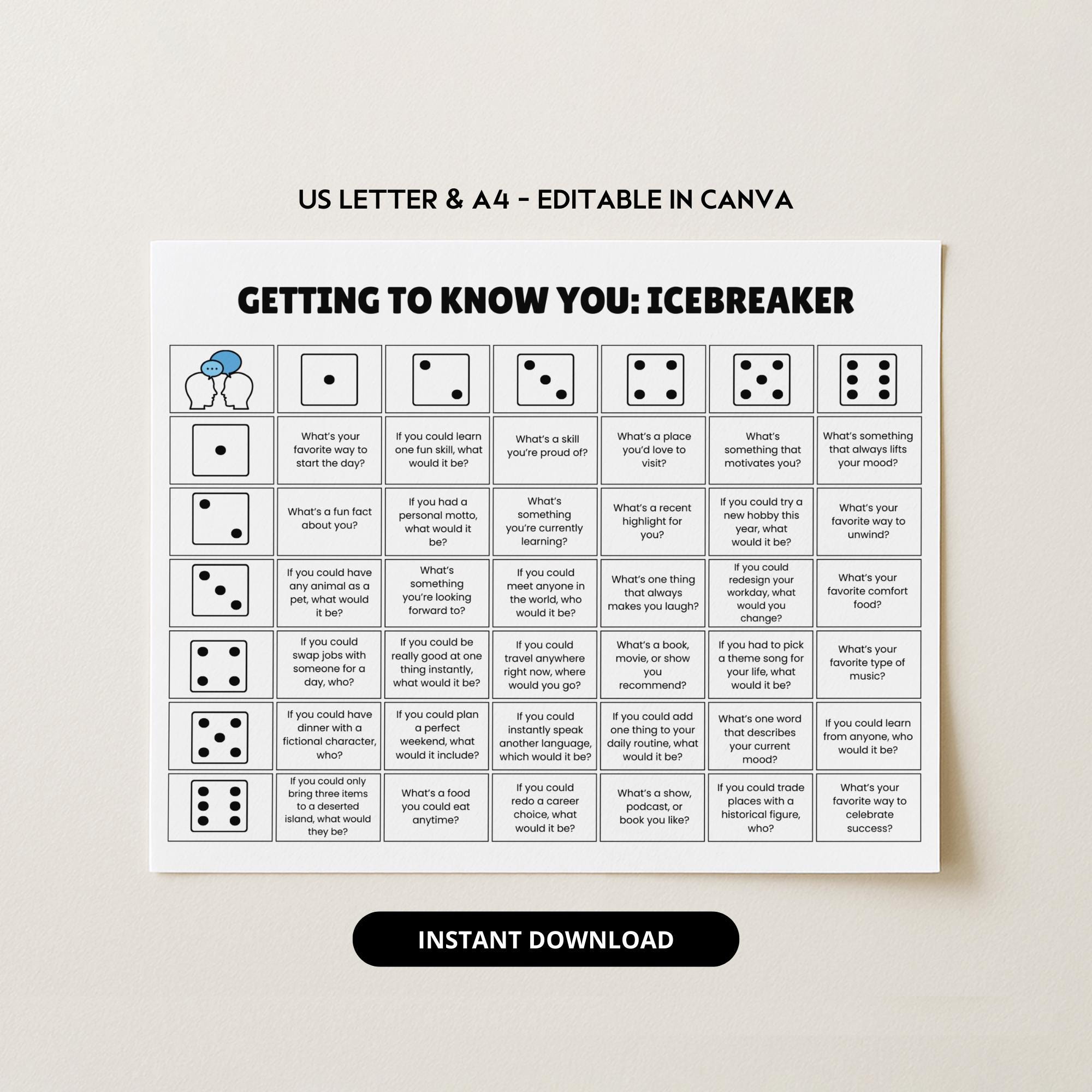 Getting to Know You Dicebreaker Game Printable Icebreaker Table Talk ...