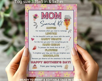 Etiqueta de cesta de regalo para el Día de la Madre, etiqueta imprimible para kit de supervivencia para mamá, regalo de cumpleaños para mamá, manualidad para el Día de la Madre, tarjeta editable para el Día de la Madre, etiqueta para el Día de la Mujer