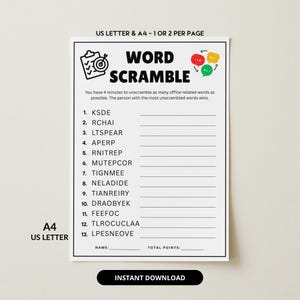 May include: A printable Word Scramble game on US Letter and A4 paper. The black and white design features the title "WORD SCRAMBLE" with scrambled words to unscramble. Includes space for the player's name and total points.