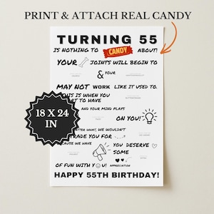 May include: A white 18 x 24 inch birthday poster with black text that reads TURNING 55 IS NOTHING TO CANDY ABOUT. It includes placeholders for attaching candy, a bone icon, a lightbulb, a megaphone, and the text HAPPY 55TH BIRTHDAY.