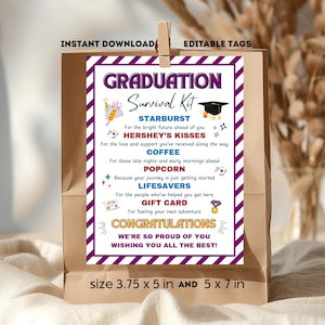 Afstuderen Survival Kit afdrukbare Tag afstuderen geschenkdoos kaart College Survival Kit cadeau College afstuderen verpleegkundige gefeliciteerd Grad traktatie tas