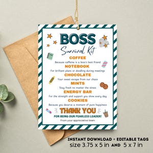 Etiqueta para kit de sobrevivência do chefe, feliz dia do chefe, presente engraçado para chefe, etiqueta para sacola de guloseimas, cartão de agradecimento para o chefe, presente para ir embora, sacola de brindes para gerente