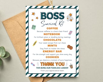 Boss Survival Kit Tag Happy Boss Day Appreciation Boss Gift Funny Treat Bag Tag Thank You Boss Card Going Away Boss Gift Manager Goody Bag