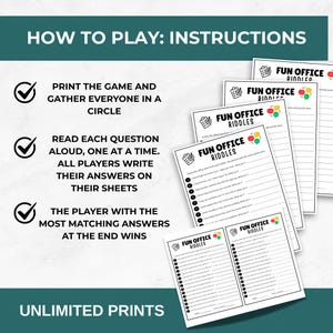 May include: A stack of printed game sheets titled "FUN OFFICE RIDDLES" with a teal background. Instructions on how to play are listed on the left. The game involves answering riddles and the player with the most matching answers wins.