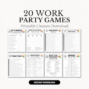Puede incluir: Un conjunto de 20 juegos de fiesta de trabajo imprimibles. La imagen muestra varias tarjetas de juego, incluyendo "Let's Mingle", "Fun Office Riddles" y "Office This or That". El texto "Printable | Instant Download" también es visible.