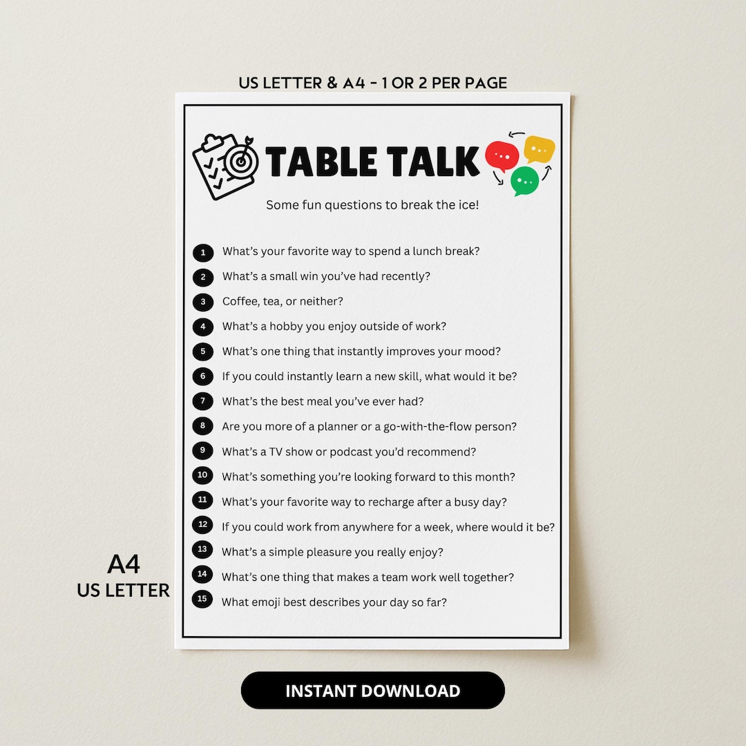 Table Talk Game Printable Conversation Starter Questions Ice Breaker ...