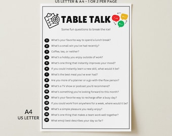 Table Talk Game Printable Conversation Starter Questions Ice Breaker Game Work Get To Know You Games Icebreaker Activity Team Building Games