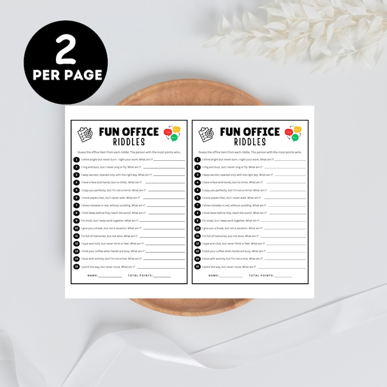 May include: Two-page set of "Fun Office Riddles" printed on white paper. Each page features a list of riddles with spaces for answers and a section for the name and total points. The top of each page has colorful graphics.
