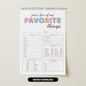 Peut inclure: Un questionnaire imprimable intitulé just a few of my FAVORITE things avec des couleurs pastel. Le document comprend des sections pour les détails personnels, les favoris, les divertissements, les préférences, des choix et des cartes-cadeaux en format A4.