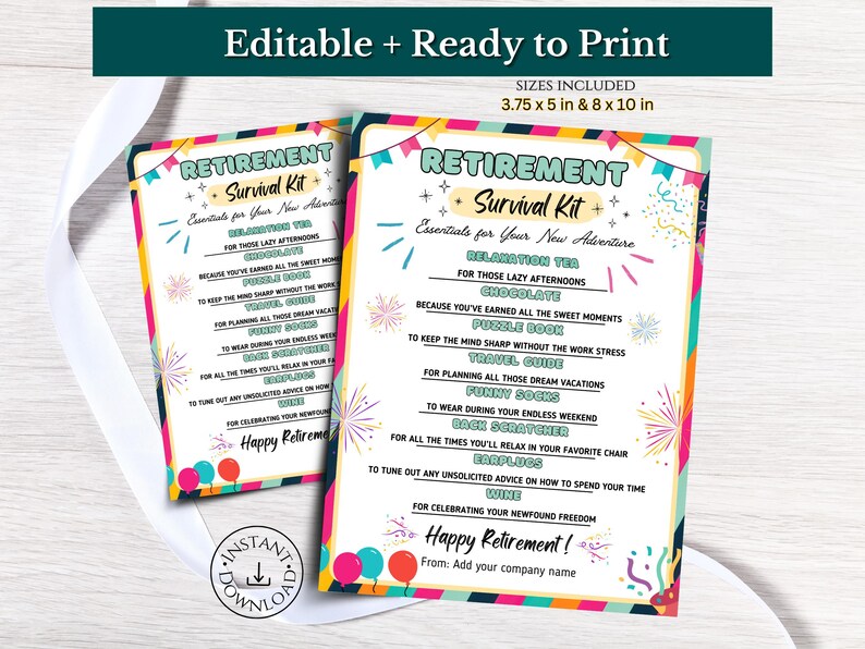 Editable Retirement Survival Kit Printable Gift Tag Treat Bag Staff ...