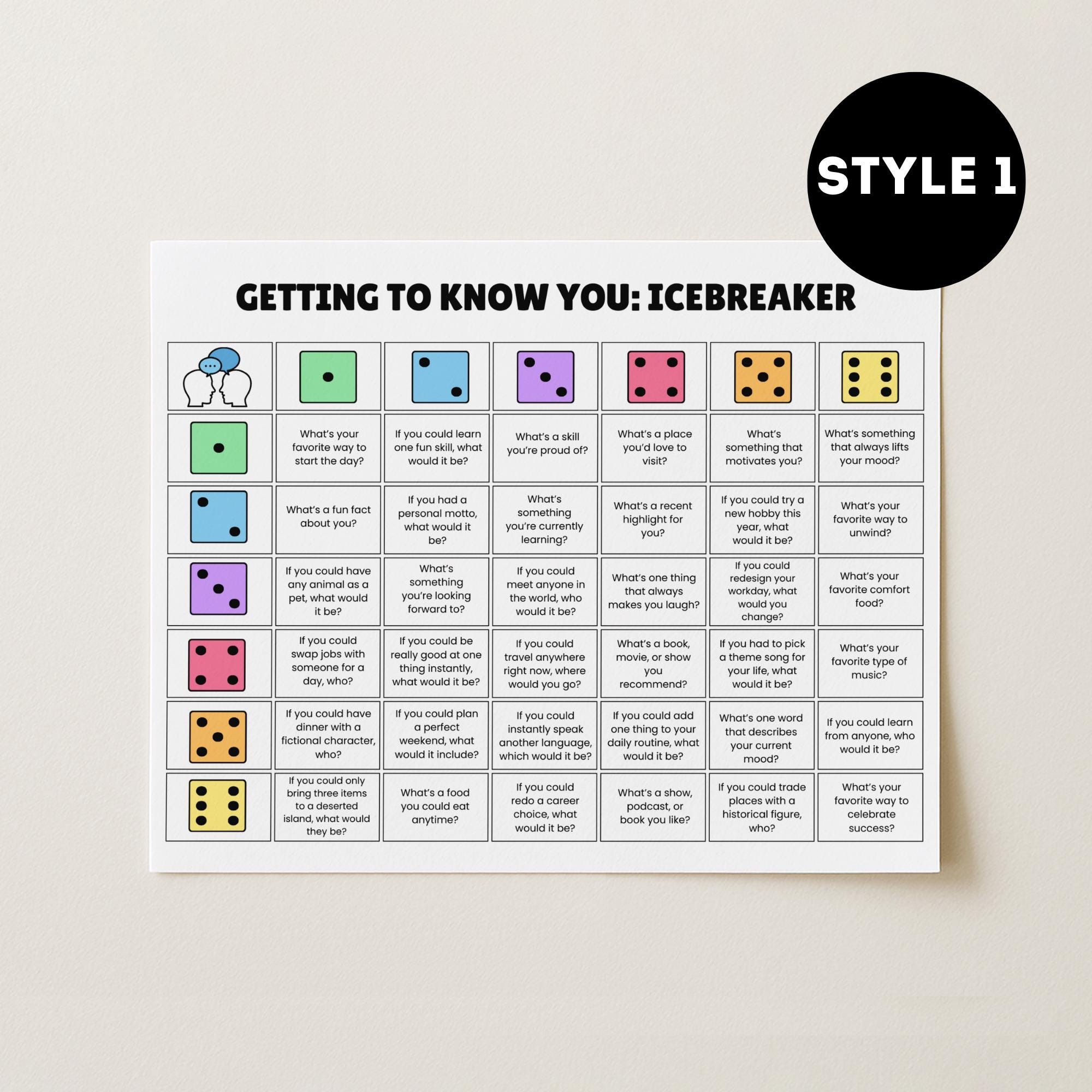 Getting to Know You Dicebreaker Game Printable Icebreaker Table Talk ...